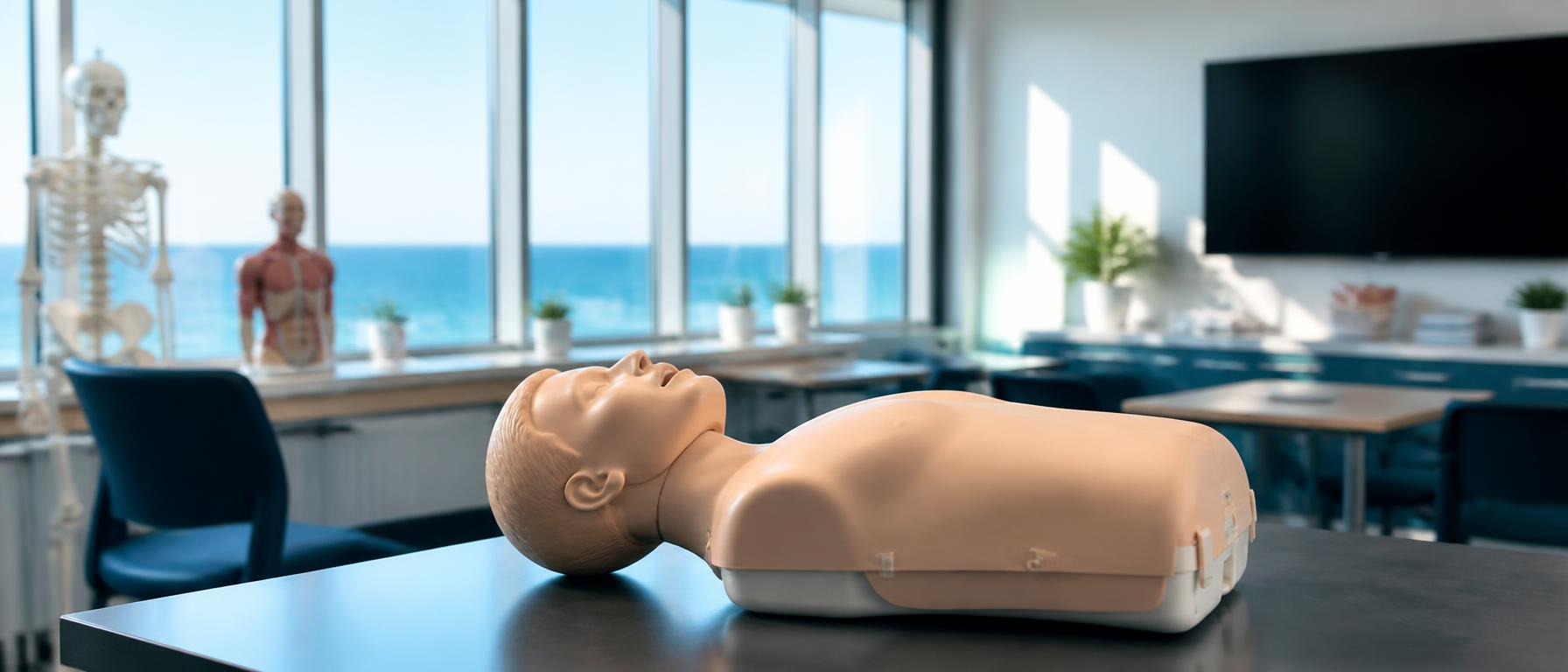 CPR training manikin in a modern medical education classroom